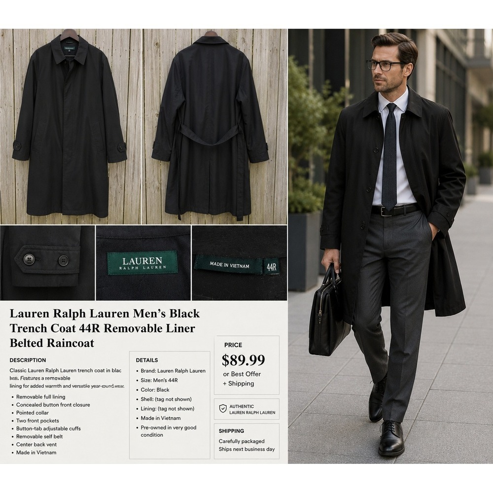 Lauren Ralph Lauren Men's Black Trench Coat 44R Removable Liner Belted Raincoat